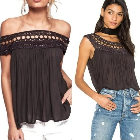 Free People Tops - Free People Gray Crochet Beaded Tank Top Off Shoulder Blouse Size XS